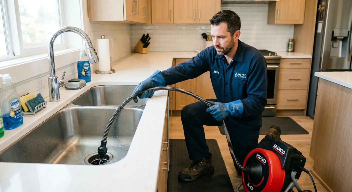 Drain cleaning technician using a motorized snake on a kitchen sink in Medfield