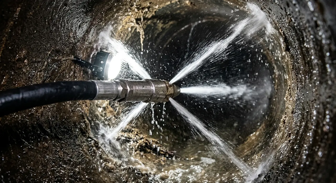 High-pressure hydro jetting nozzle cleaning sewer pipe for Emergency Drain Service in Medfield