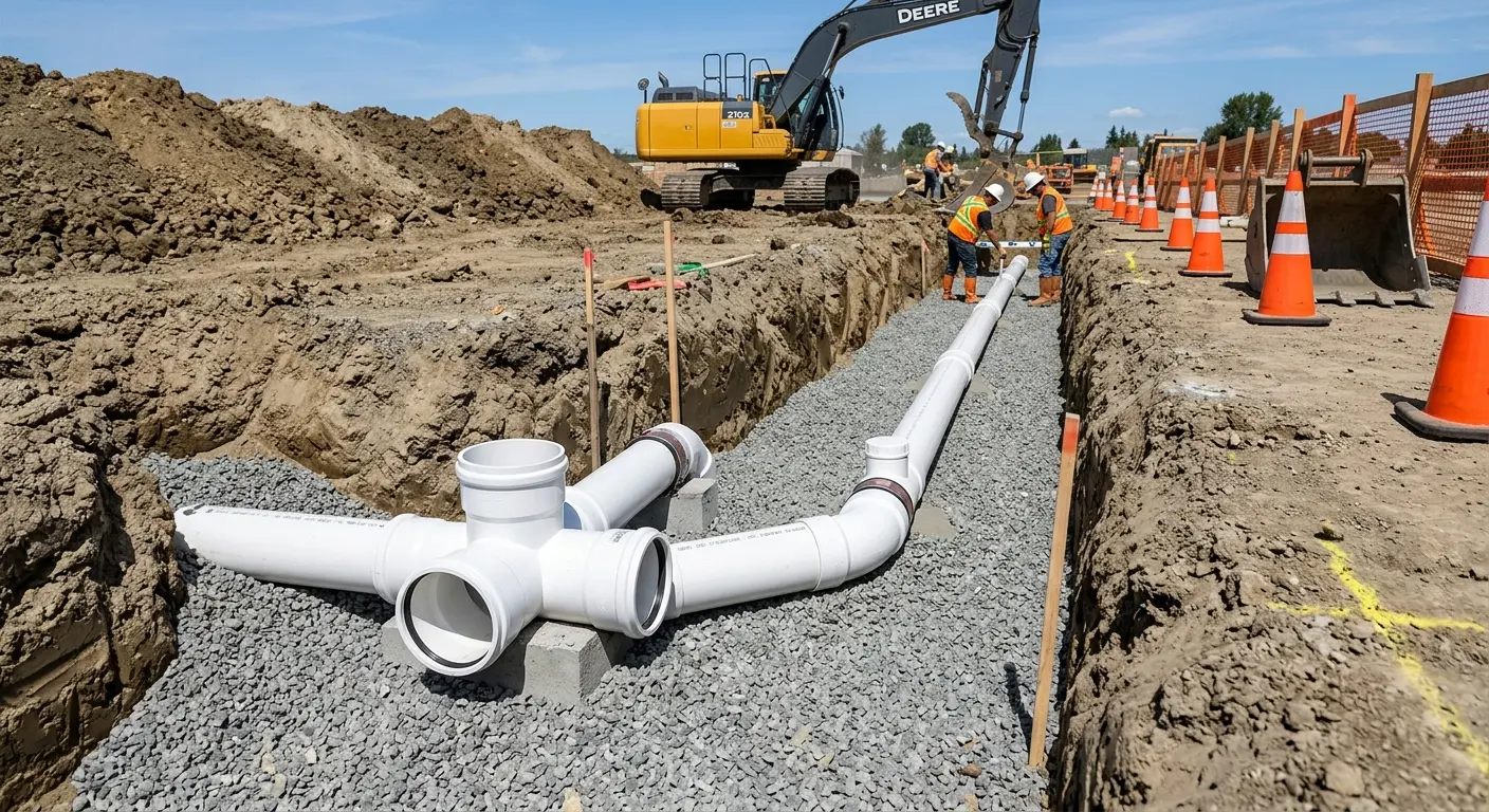 New PVC sewer pipe installation in open trench for Commercial Drain Cleaning in Medfield