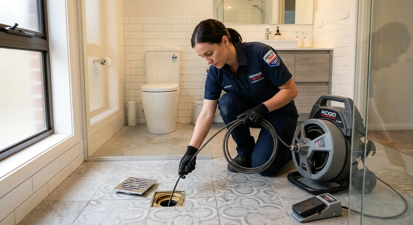 Technician clearing a bathroom floor drain for Clogged Drain Repair in Medfield